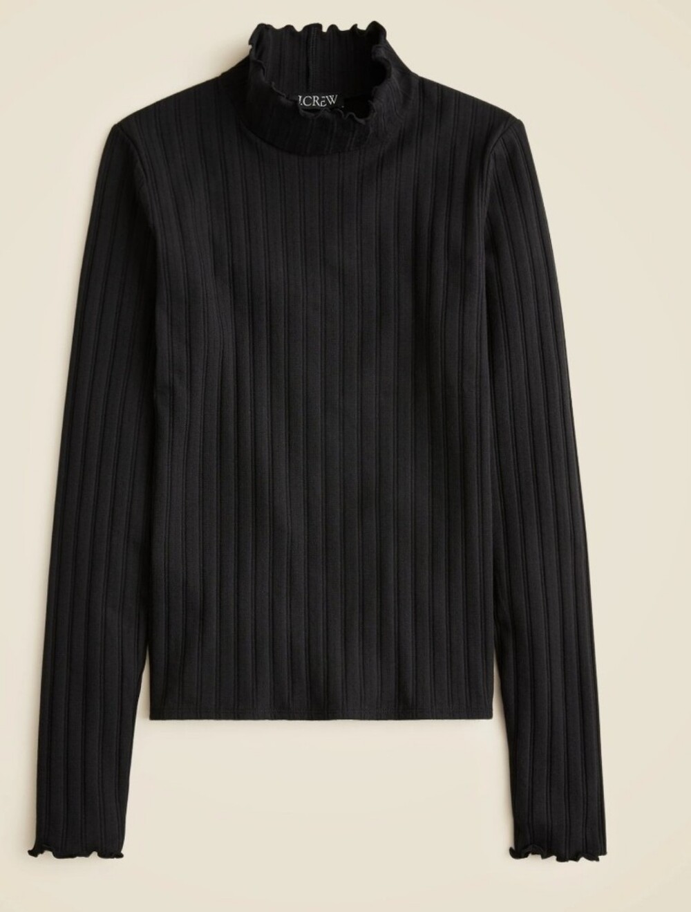 J. Crew Black Ribbed Ruffle-Edge Mock Neck Long Sleeve Size Large